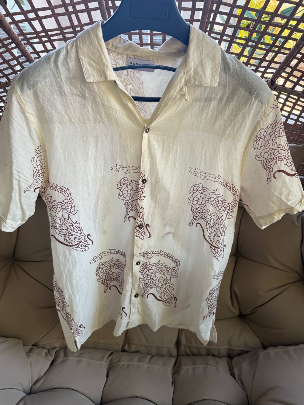 RAGA Cream Short-Sleeve Button-Down with Brownish red Dragon Print